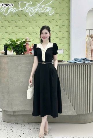 VGU0959 ĐẦM ĐEN CỔ SƠMI NÚT ĐÁ (KO NỊT)