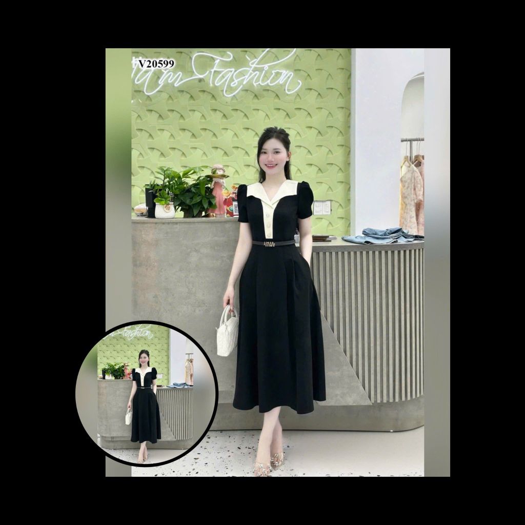 VGU0959 ĐẦM ĐEN CỔ SƠMI NÚT ĐÁ (KO NỊT)
