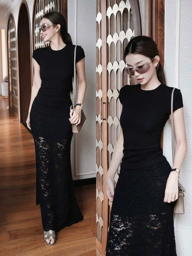 VGU0972 SET ÁO THUN TRƠN, CV REN DÀI (ĐEN)