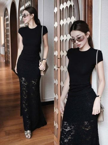 VGU0972 SET ÁO THUN TRƠN, CV REN DÀI (ĐEN)