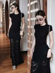 VGU0972 SET ÁO THUN TRƠN, CV REN DÀI (ĐEN)