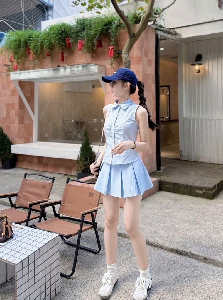 KS1111 - SET ÁO SÁT NÁCH NHÚN NGỰC - CHÂN VÁY XẾP LY TO FULL XANH