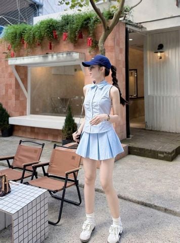 KS1111 - SET ÁO SÁT NÁCH NHÚN NGỰC - CHÂN VÁY XẾP LY TO FULL XANH