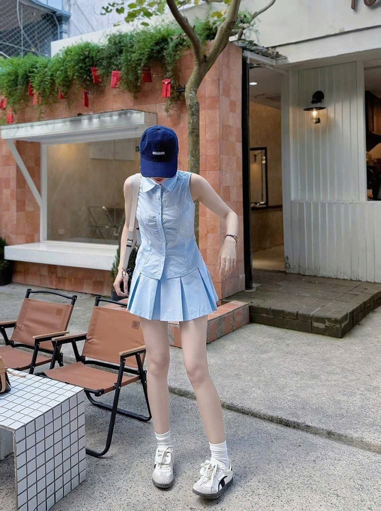 KS1111 - SET ÁO SÁT NÁCH NHÚN NGỰC - CHÂN VÁY XẾP LY TO FULL XANH