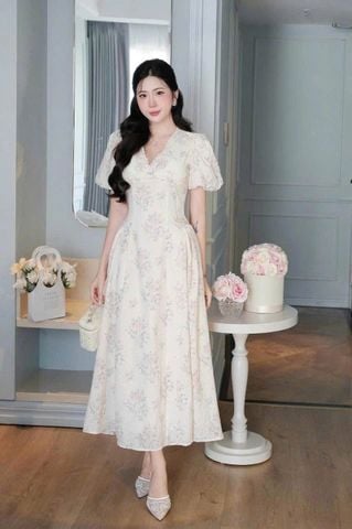 TB5796 ĐẦM HOA THÊU TAY PHỒNG CỔ VIỀN REN