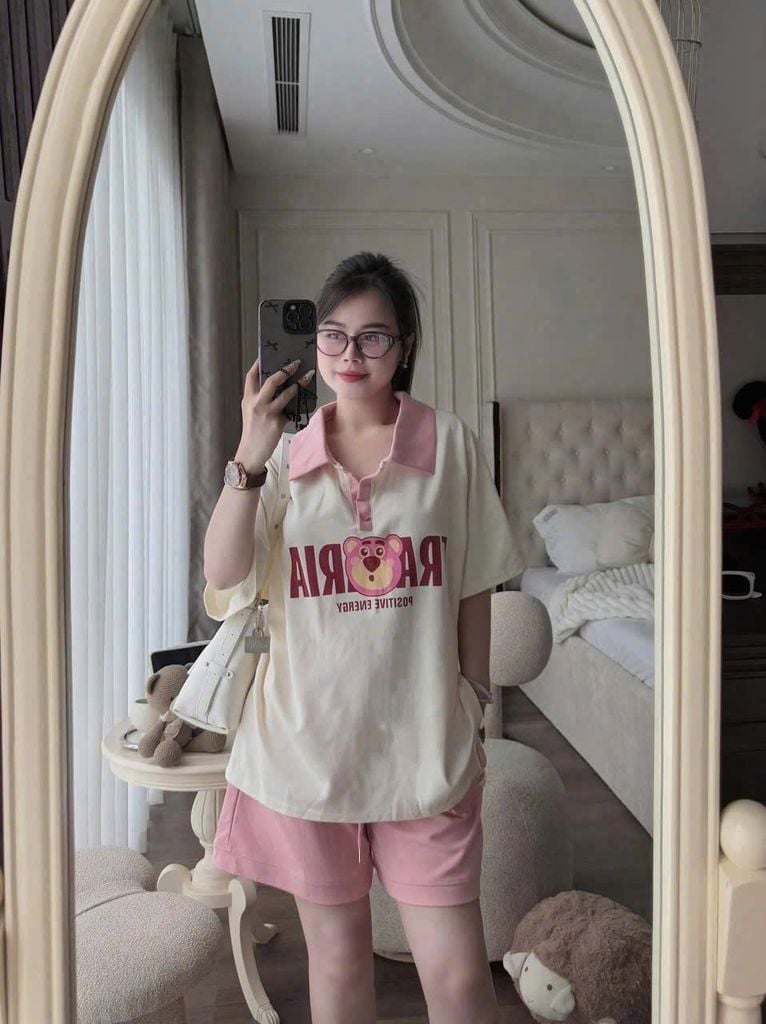 SKY8911 - SET BỘ THUN IN GẤU DÂU QCCC- MÀU HỒNG