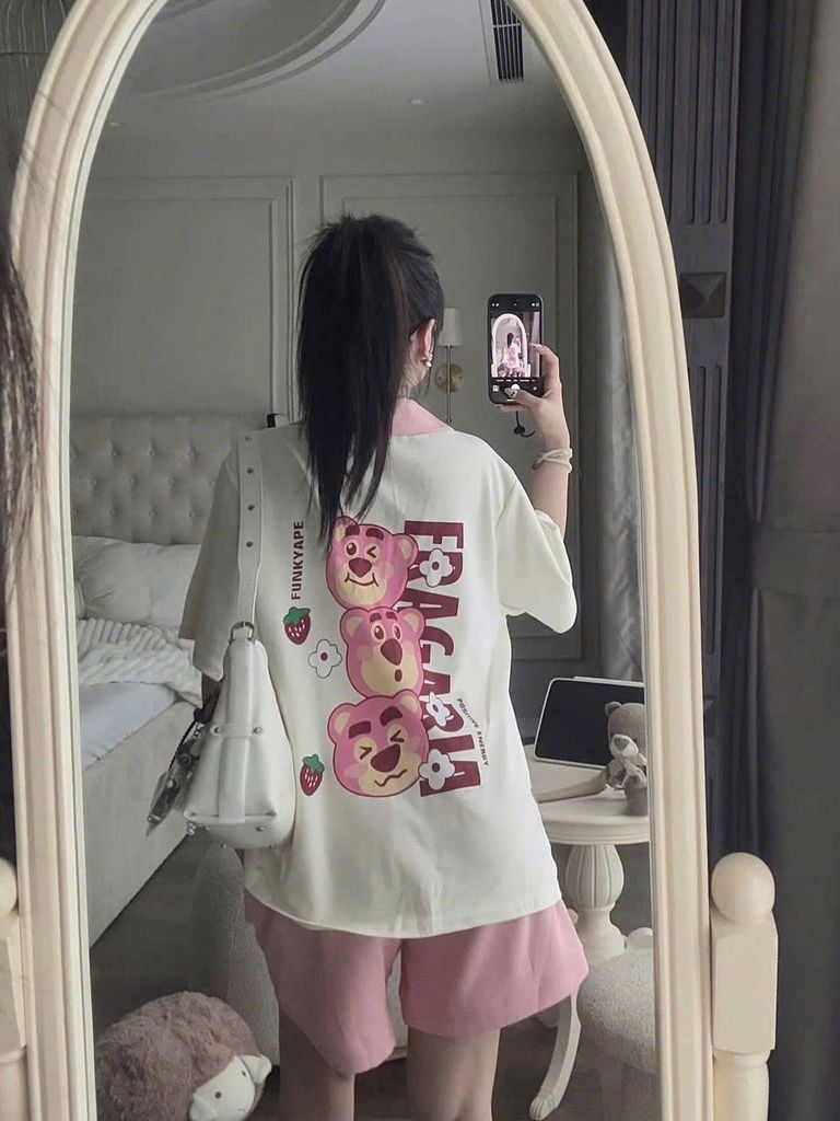 SKY8911 - SET BỘ THUN IN GẤU DÂU QCCC- MÀU HỒNG