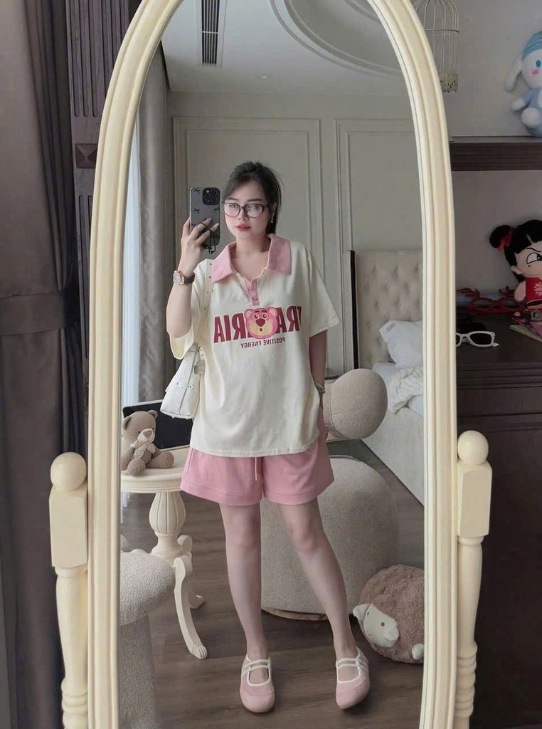 SKY8911 - SET BỘ THUN IN GẤU DÂU QCCC- MÀU HỒNG