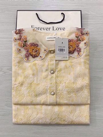 TB5799 SET TENCEL THÊU CỔ KẾT CƯỜM, CV DÀI (VÀNG)