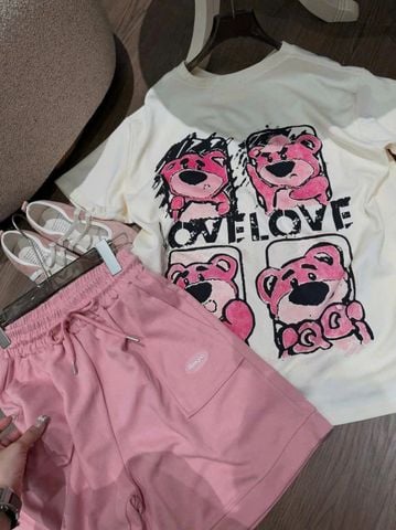 SKY8975 SET ÁO THUN GẤU DÂU + QUẦN SHORT ( XANH ĐEN )