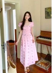 VGU1062 - ĐẦM HỒNG VIỀN REN HỌA TIẾT XANH
