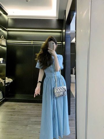 KS1163 - ĐẦM CỔ SƠ MI PHOM DÀI SỌC XANH TRẮNG