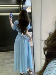 KS1163 - ĐẦM CỔ SƠ MI PHOM DÀI SỌC XANH TRẮNG