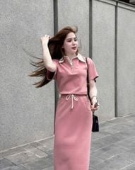 KS1166 - SET ÁO THUN HỒNG PHỐI CỔ SƠ MI - VÁY DÀI HỒNG