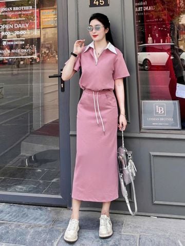 KS1166 - SET ÁO THUN HỒNG PHỐI CỔ SƠ MI - VÁY DÀI HỒNG