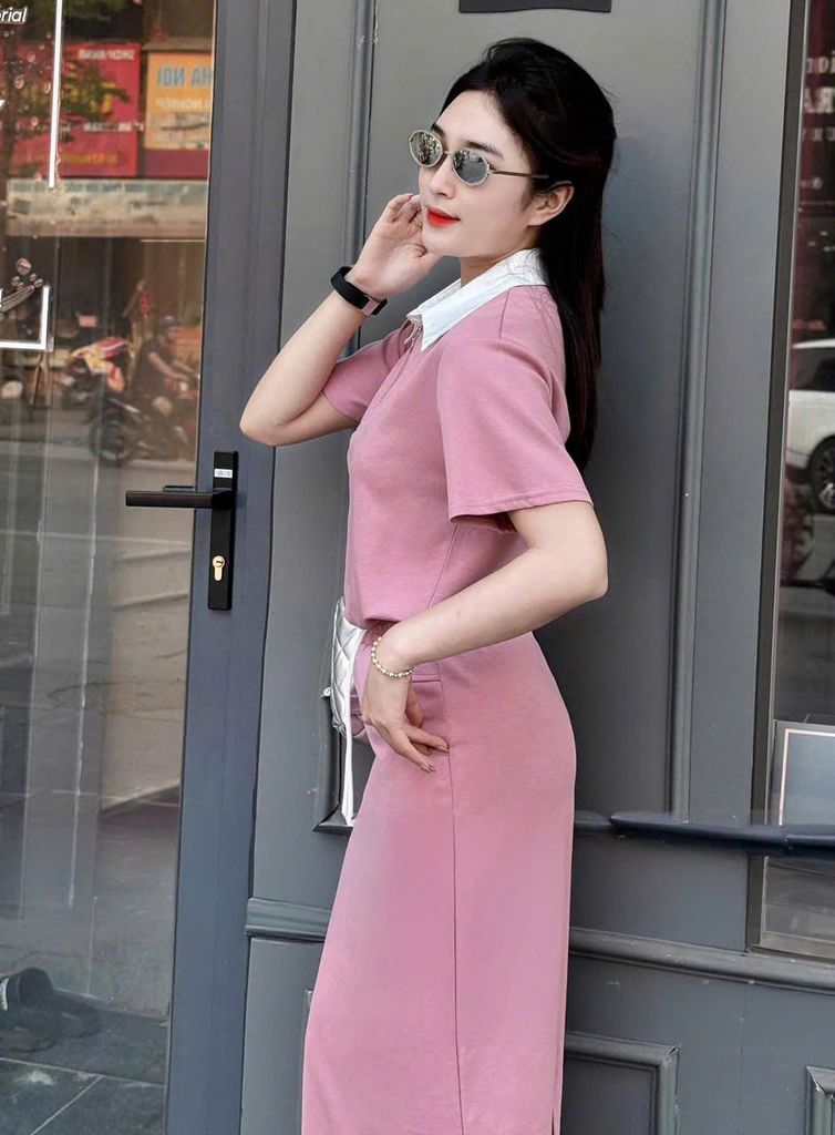 KS1166 - SET ÁO THUN HỒNG PHỐI CỔ SƠ MI - VÁY DÀI HỒNG