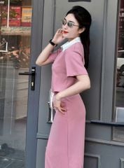 KS1166 - SET ÁO THUN HỒNG PHỐI CỔ SƠ MI - VÁY DÀI HỒNG