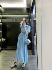 KS1163 - ĐẦM CỔ SƠ MI PHOM DÀI SỌC XANH TRẮNG