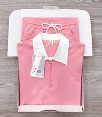 KS1166 - SET ÁO THUN HỒNG PHỐI CỔ SƠ MI - VÁY DÀI HỒNG