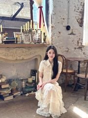 VGU1096 - SET ÁO CỔ SƠ MI PHỐI REN- CHÂN VÁY REN TẦNG DÀI