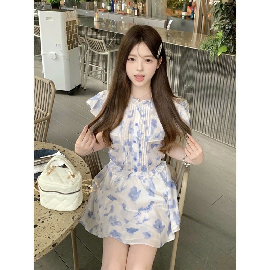VGU1100 - SET ÁO BO CHUN HOA - CHÂN VÁY TẦNG NGẮN