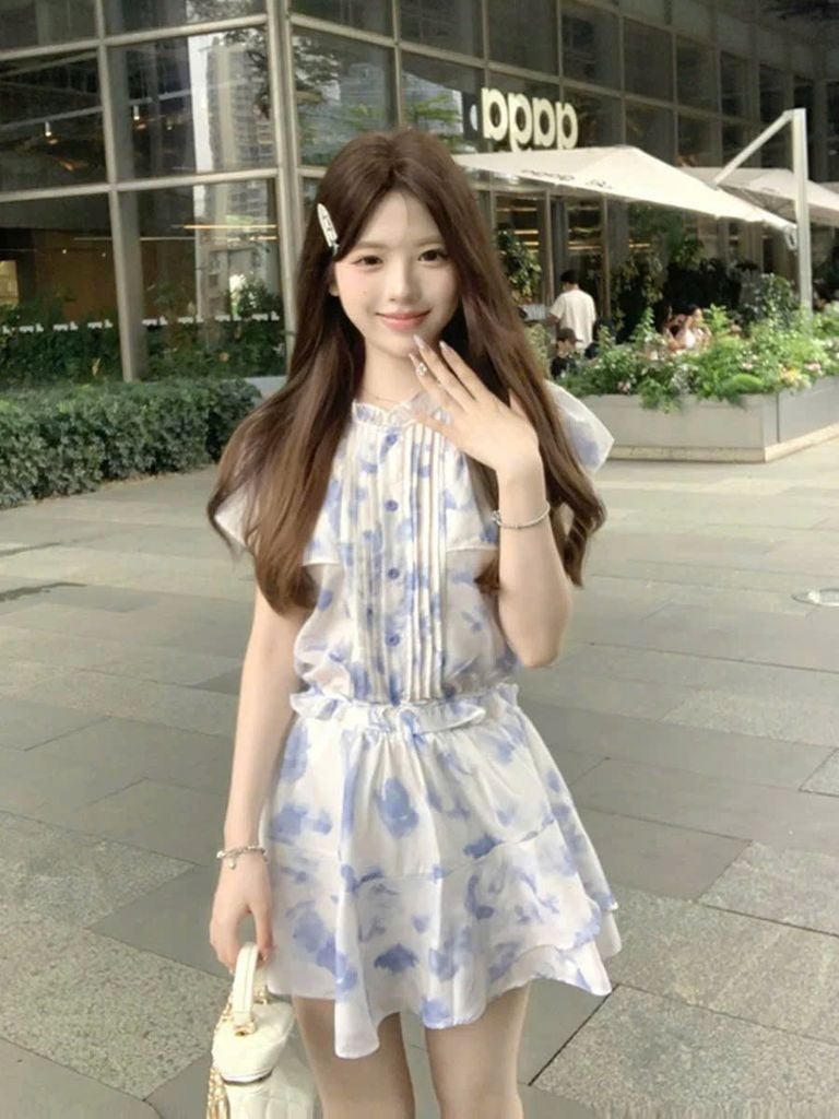 VGU1100 - SET ÁO BO CHUN HOA - CHÂN VÁY TẦNG NGẮN