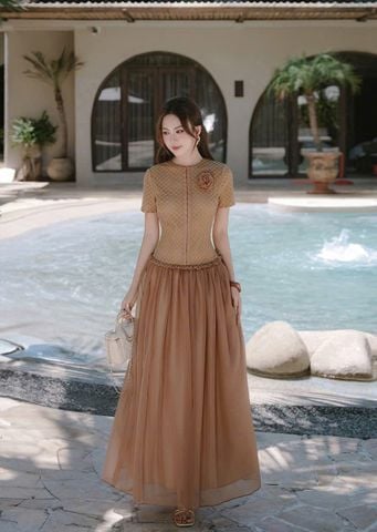 VGU1097 - ĐẦM TIỂU THƯ TAG HOA - MÀU NÂU