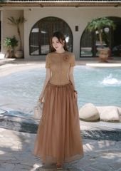 VGU1097 - ĐẦM TIỂU THƯ TAG HOA - MÀU NÂU