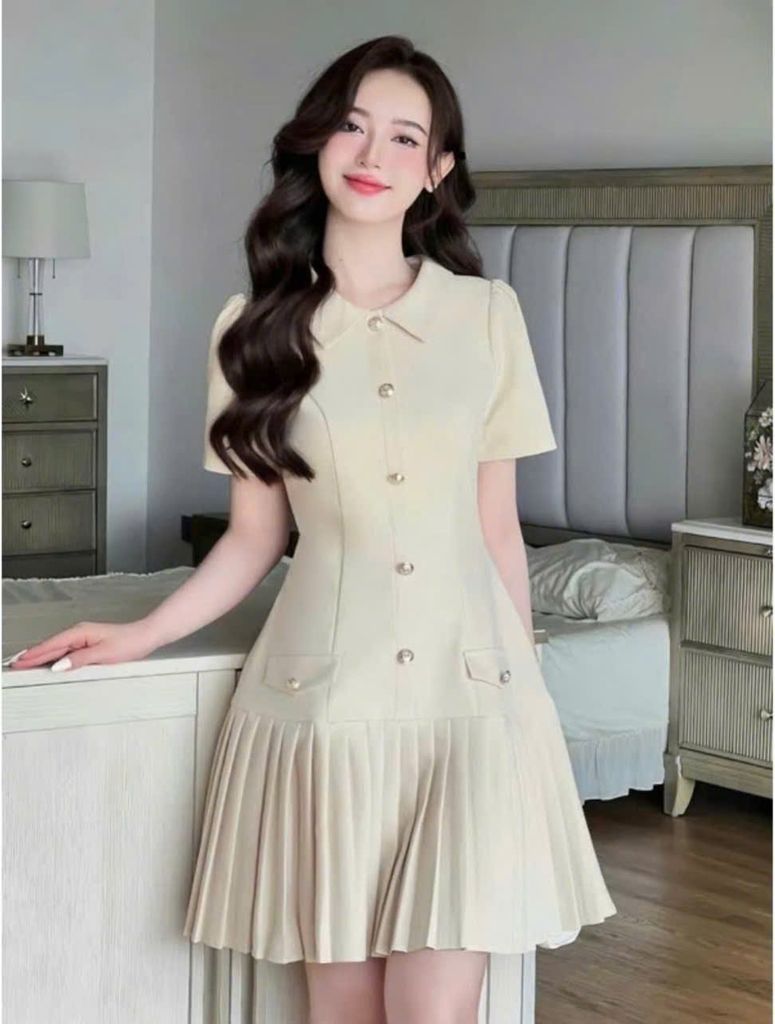 VGU1075 ĐẦM CỔ SƠ MI ĐÍNH NÚT