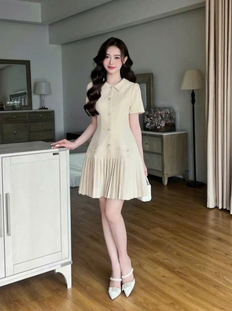 VGU1075 ĐẦM CỔ SƠ MI ĐÍNH NÚT