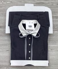 KS1154 SET SƠMI NÚT NGỌC CỔ PHỐI NƠ, CV DÀI (XÁM)