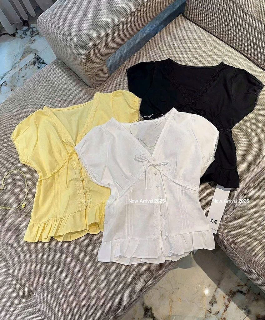 KS1116 - ÁO KIỂU LINEN PHỐI REN ( ÁO LẺ) - MÀU ĐEN