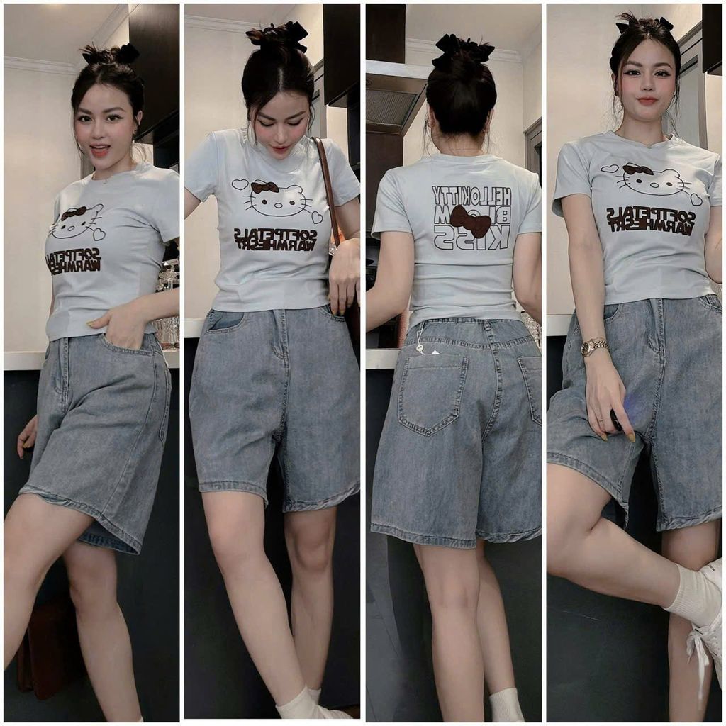 VGU1220 - SET ÁO THUN IN KITTY - QUẦN JEAN LỬNG