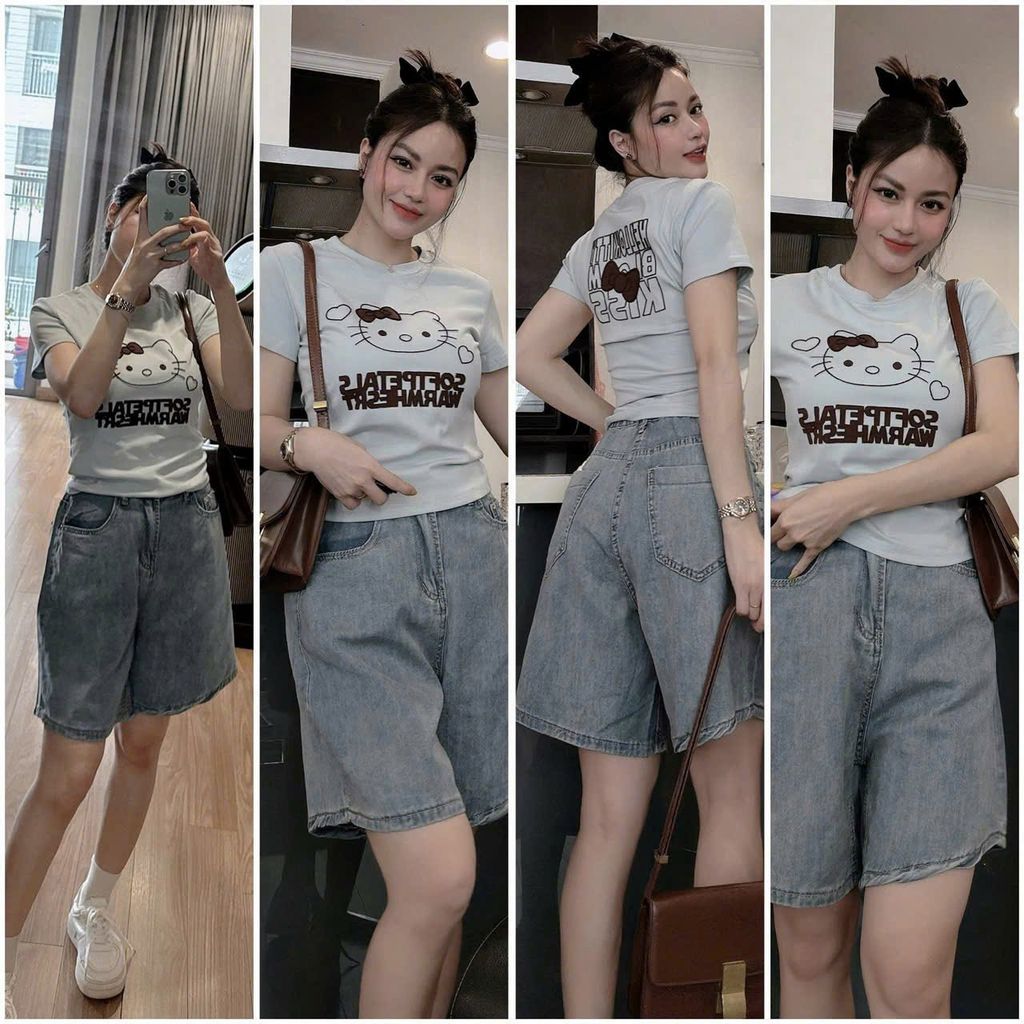VGU1220 - SET ÁO THUN IN KITTY - QUẦN JEAN LỬNG
