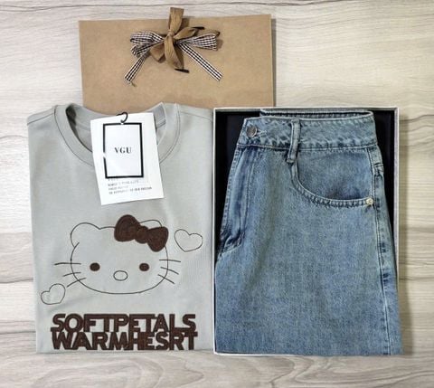 VGU1220 - SET ÁO THUN IN KITTY - QUẦN JEAN LỬNG