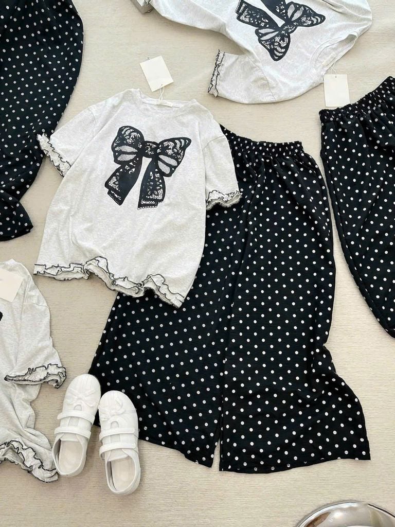 SKY9131 - SET ÁO THUN NƠ - QUẦN DÀI CHẤM BI