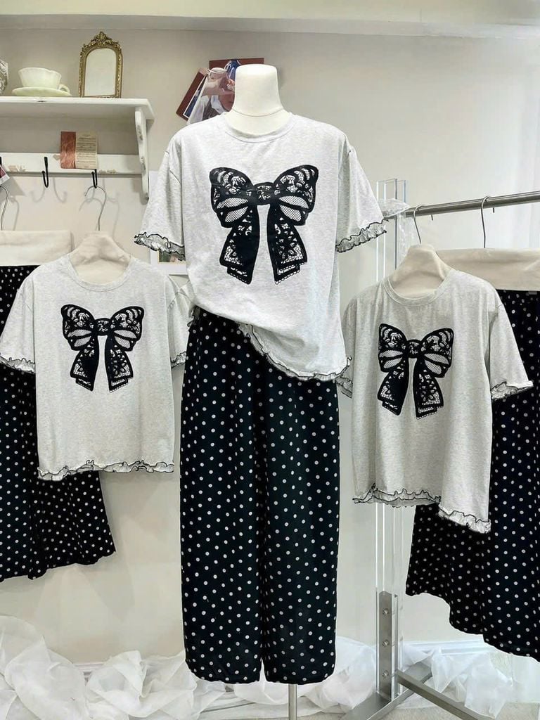 SKY9131 - SET ÁO THUN NƠ - QUẦN DÀI CHẤM BI