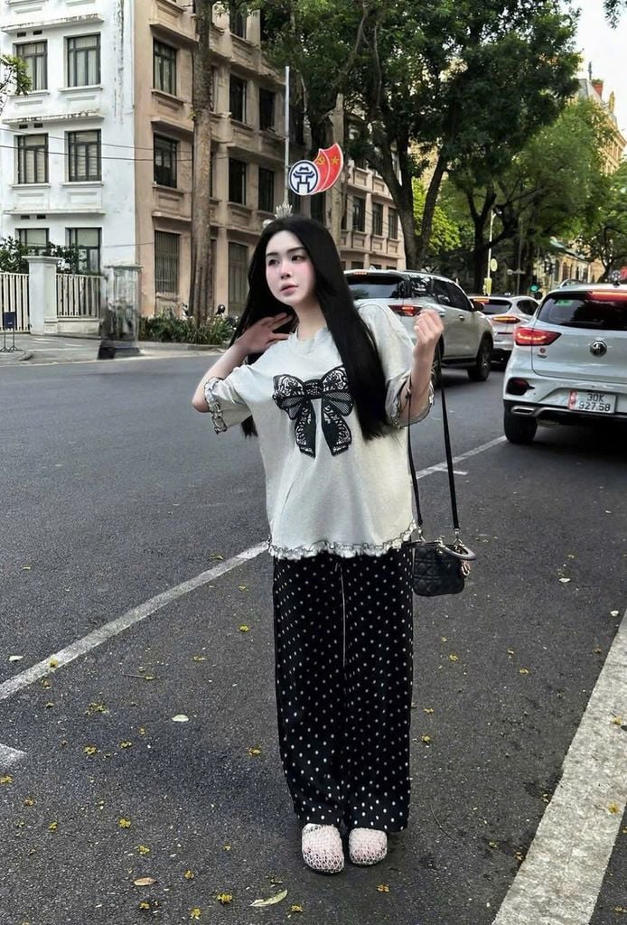 SKY9131 - SET ÁO THUN NƠ - QUẦN DÀI CHẤM BI