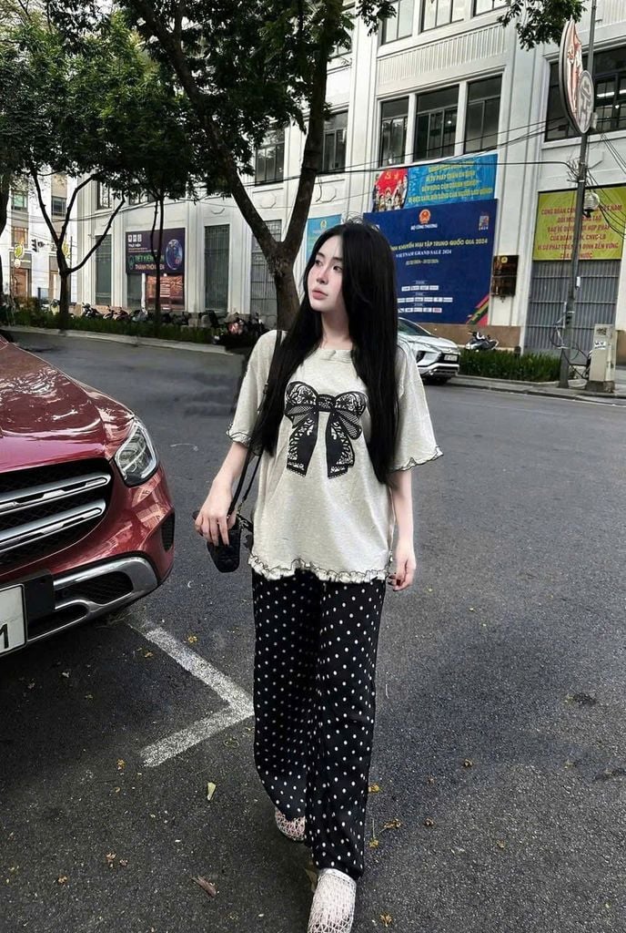 SKY9131 - SET ÁO THUN NƠ - QUẦN DÀI CHẤM BI