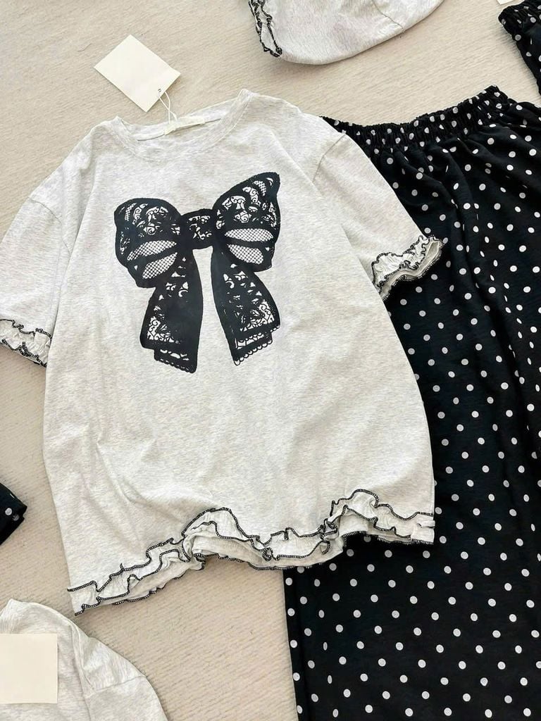 SKY9131 - SET ÁO THUN NƠ - QUẦN DÀI CHẤM BI