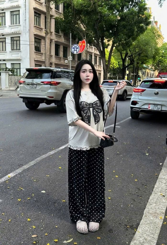 SKY9131 - SET ÁO THUN NƠ - QUẦN DÀI CHẤM BI