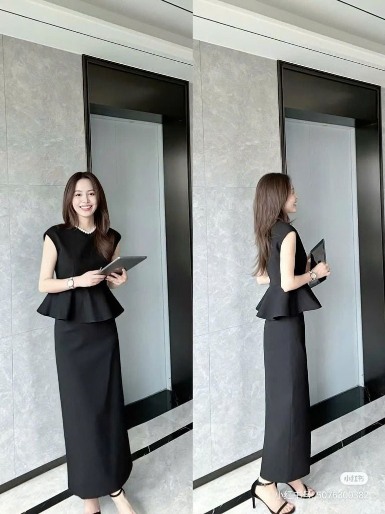 VGU1303 SET ÁO CỔ ĐÍNH NGỌC +CV DÀI (ĐEN )