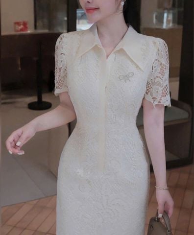 VGU1320 - ĐẦM REN QCCC XẺ TÀ ( KÈM TAG NƠ)