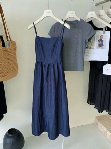 KS1279 -SET 2 MÓN- ĐẦM JEAN LỤA + ÁO THUN XÁM