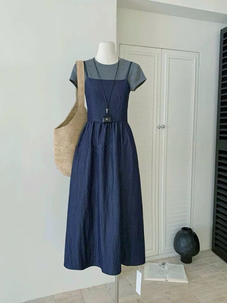 KS1279 -SET 2 MÓN- ĐẦM JEAN LỤA + ÁO THUN XÁM