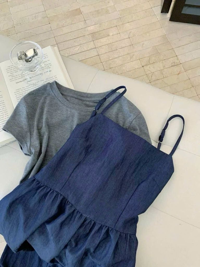 KS1279 -SET 2 MÓN- ĐẦM JEAN LỤA + ÁO THUN XÁM