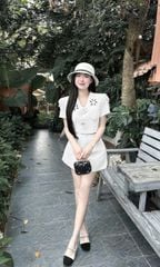 VGU1365 - SET ÁO NGẮN THÊU CỘT NƠ HOA - CHÂN VÁY NGẮN TRẮNG