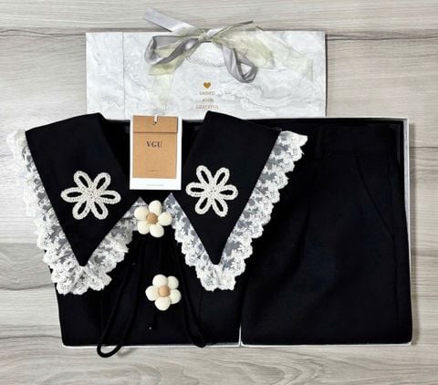 VGU1364 - SET ÁO NGẮN THÊU CỘT NƠ HOA - CHÂN VÁY NGẮN ĐEN