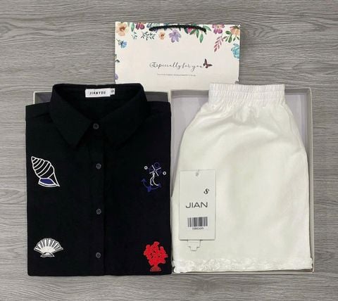 TB9243 - SET ÁO SƠ MI THÊU - QUẦN SHORT ( ÁO ĐEN)