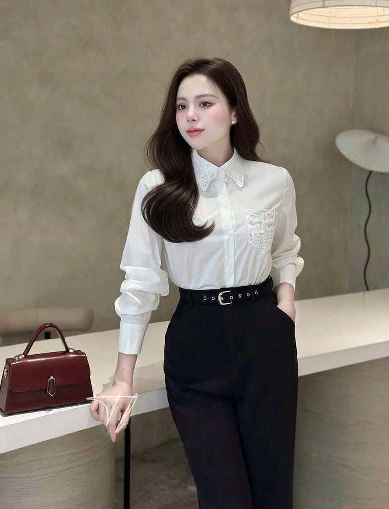 KS1294 - SET ÁO SƠMI TRẮNG PHỐI REN + QUẦN DÀI ĐEN (KÈM NỊT)
